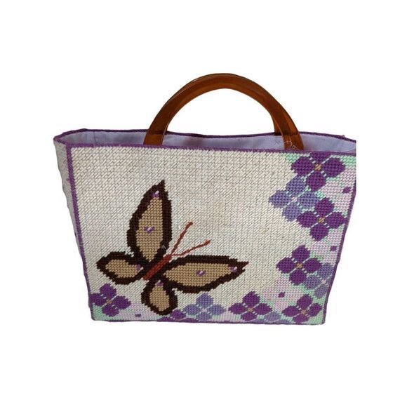 vtg handmade Needlepoint handbag tote butterfly floral lined See condition 14x10 - Picture 1 of 10